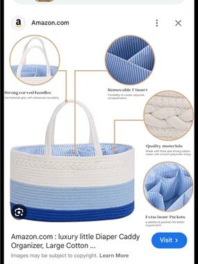Striped Blue Cotton Diaper Caddy Organizer Or Craft Carrier.